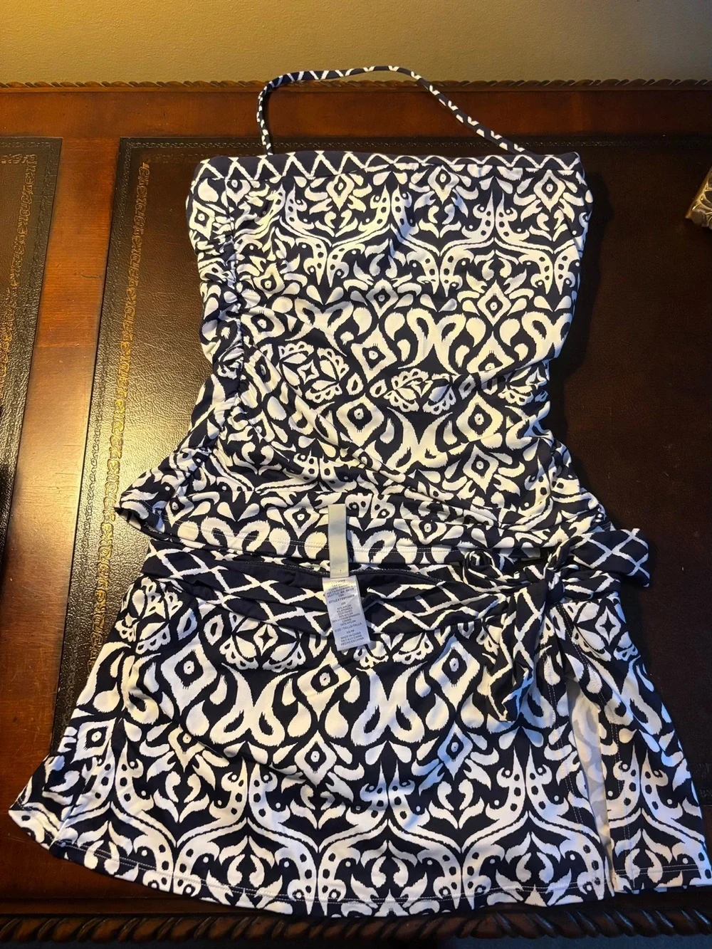 Tommy Bahama Navy and White Strapless Printed Sundress with Tie Waist